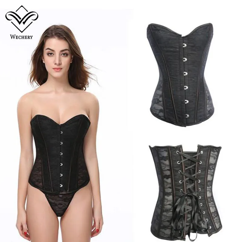 

Wechery Steampunk Corset Sexy Gothic 12 steel bone Black Corsets Bustiers Lace up korset Corsage Corselet Waist Trainer Bustier