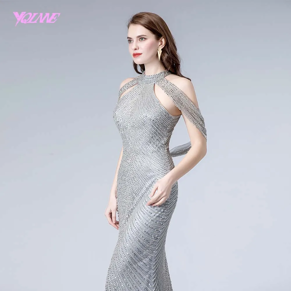 Длинное вечернее платье YQLNNE с серебристыми кристаллами и бусинами Формальное