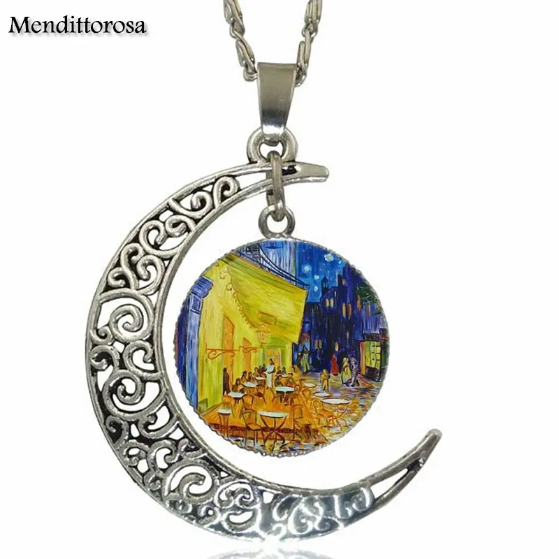For Lovers Girl Friend Best Gift Van Gogh Cafe Terrace Glass Pendant Necklace Handmade Half Moon | Украшения и аксессуары