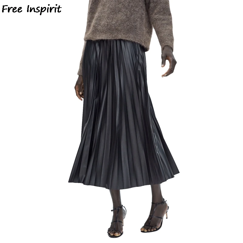 Free Inspirit 2018 New Fashion Autumn And Winter Women Vintage Pleated Skirt High Waist Leather Effect Lady Temperament | Женская одежда