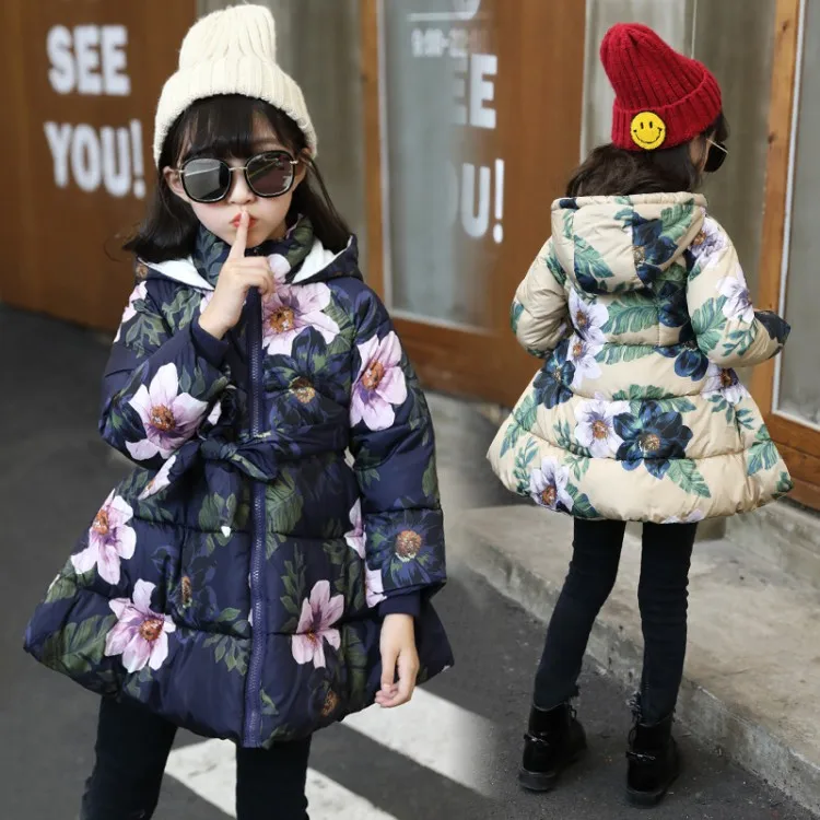 Winter 2018 coat Kid Baby Girl Floral Print Hooded Jacket Girls Kids Padded Long Sleeve Bow Casual Children's Outerwear | Детская