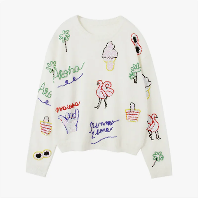 

Luxury Brand Designer Runway Sweater Women Elegant Abstract Pattern Cartoon Animal Beaded Sequins Warm Pullovers Knitted Tops