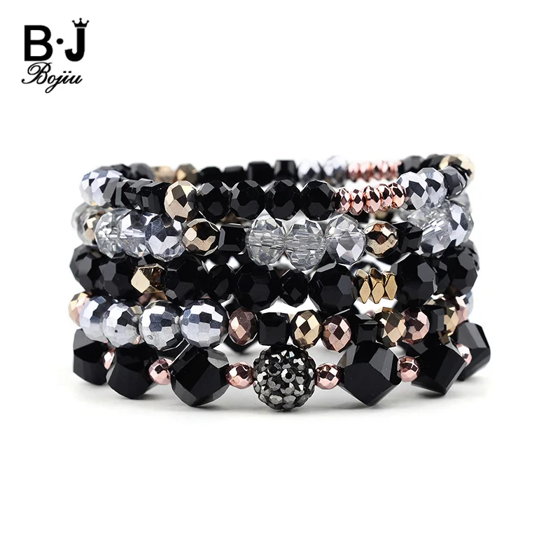 

BOJIU 5 Pcs/Set Hot Trendy Faceted Crystal Charm Bracelets Women Elastic Golden Hematite Copper Black Crystal Bracelet BCSET214