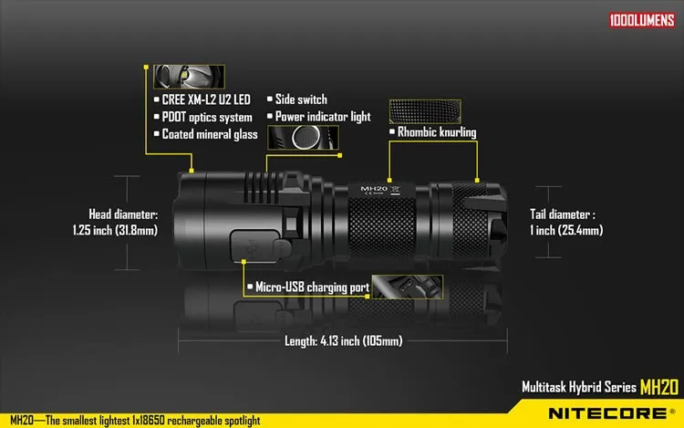 NITECORE MH20 MH20W Перезаряжаемые Flashilght CREE XM-L2 U2 Макс 1000 люмен луч бросать 220 м ручной фонарик+ 18650 3500 мАч батареи
