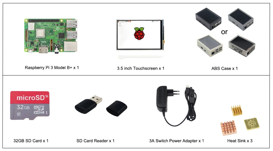 Raspberry Pi 3 Model B+ 3,5 дюймовый сенсорный ЖК-дисплей+ ABS чехол+ 32 ГБ sd-карта+ 3A адаптер питания+ радиаторы+ HDMI для RPI 3B Plus