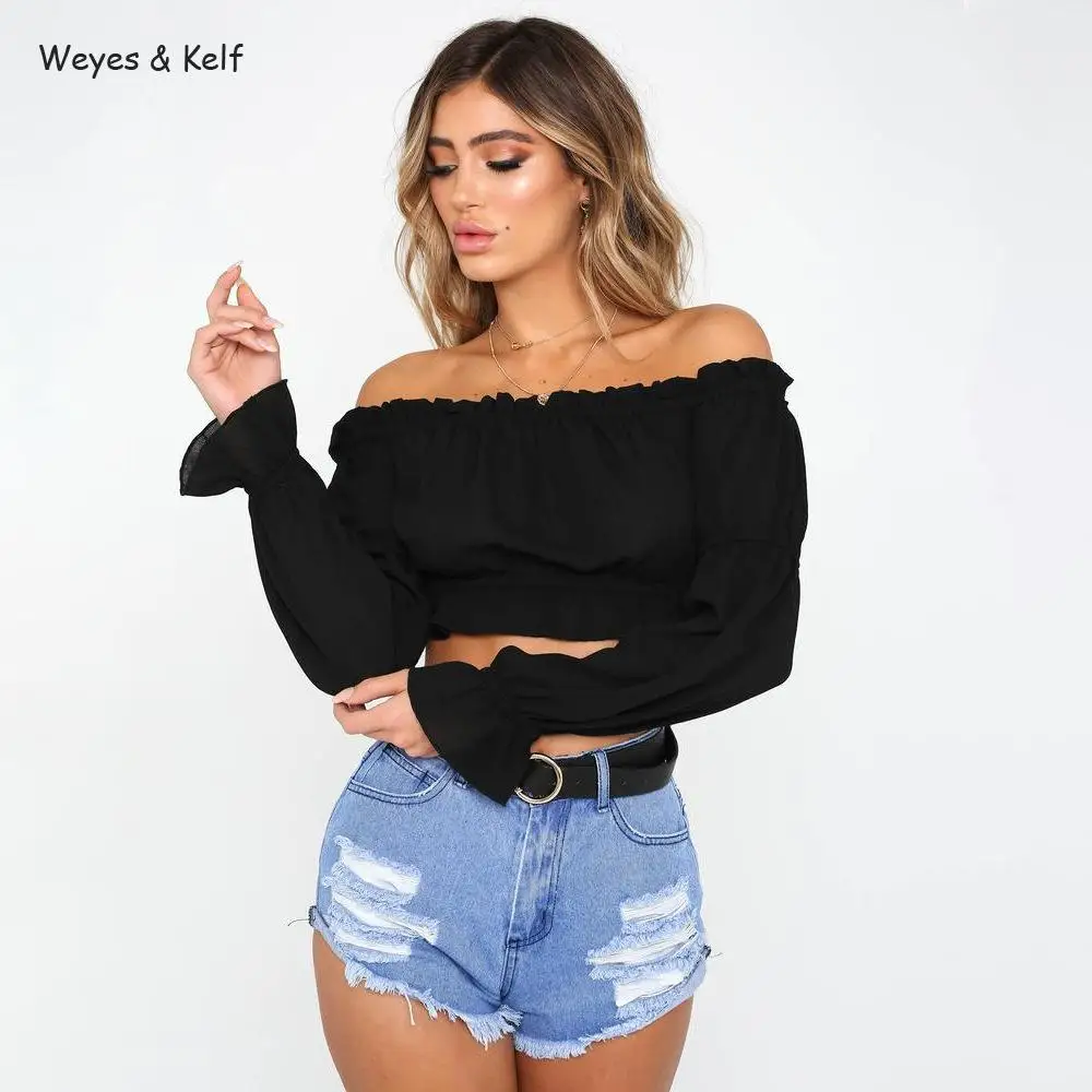 Weyes и кепф плиссированные оборки с открытыми плечами летняя футболка Для женщин