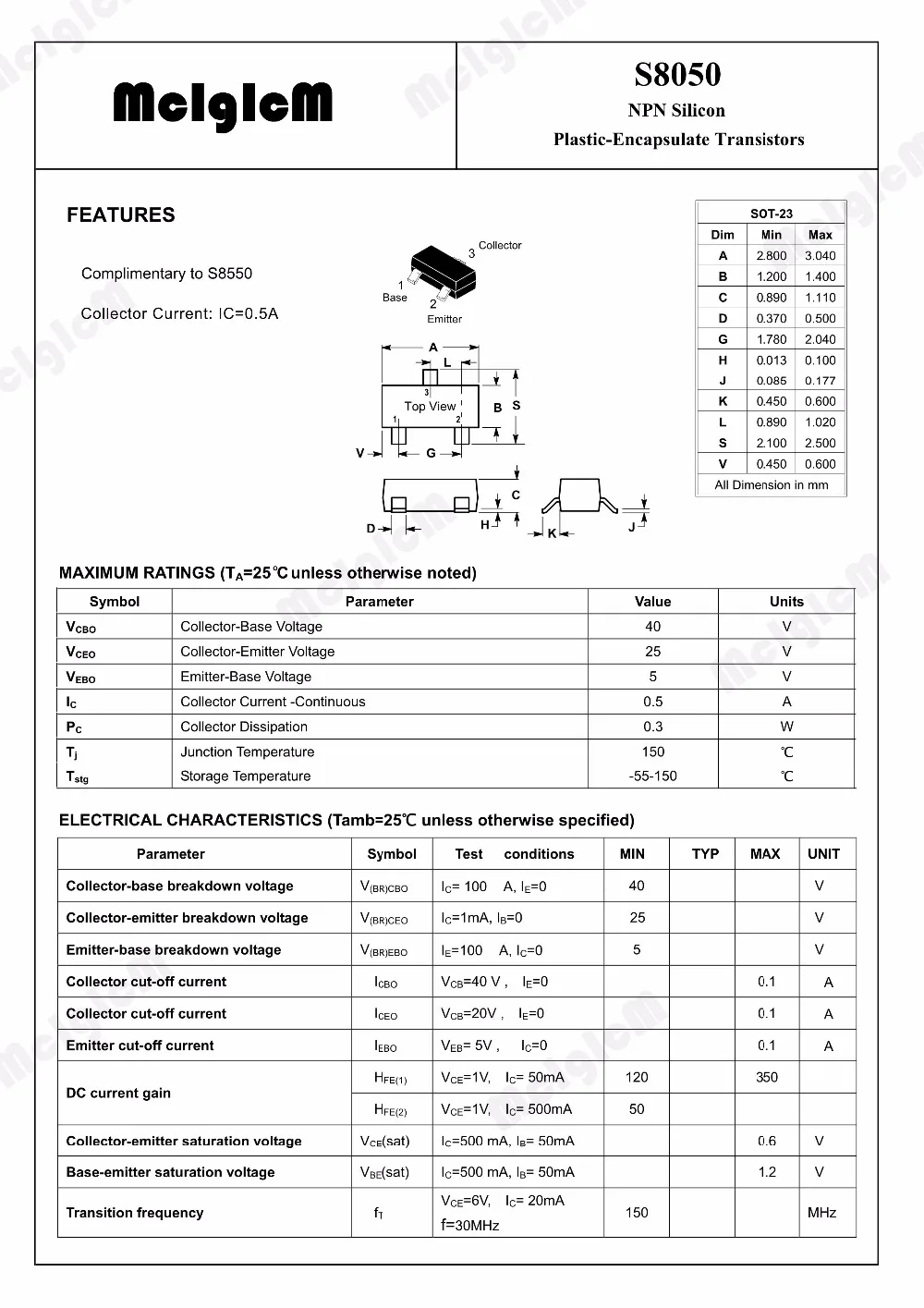 MCIGICM S8050 SOT-23 3000 шт 8050 sot-23 smd низкое напряжение, высокий ток маленького сигнала биполярный транзистор