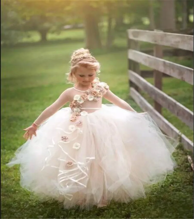New Flower Girl Dress For Wedding with 3D Floral Appliques Beading Pageant Gowns O-Neck Long Sleeves Custom Made Princess | Свадьбы и