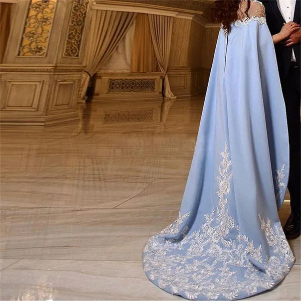

Mother of the Bride Dress Sexy Light Blue Satin Party Evening Dress With Long Capes Turkish Saudi Arabia Gowns Abaya Design