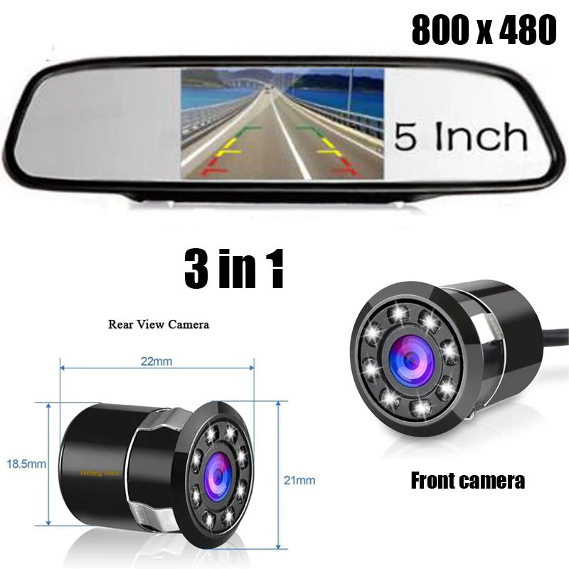 3 in 1 800*480 5 inch Car Mirror Monitor Video 2 Input+8 IR CCD Car backup Rear Camera Front camera Night Vision parking assist