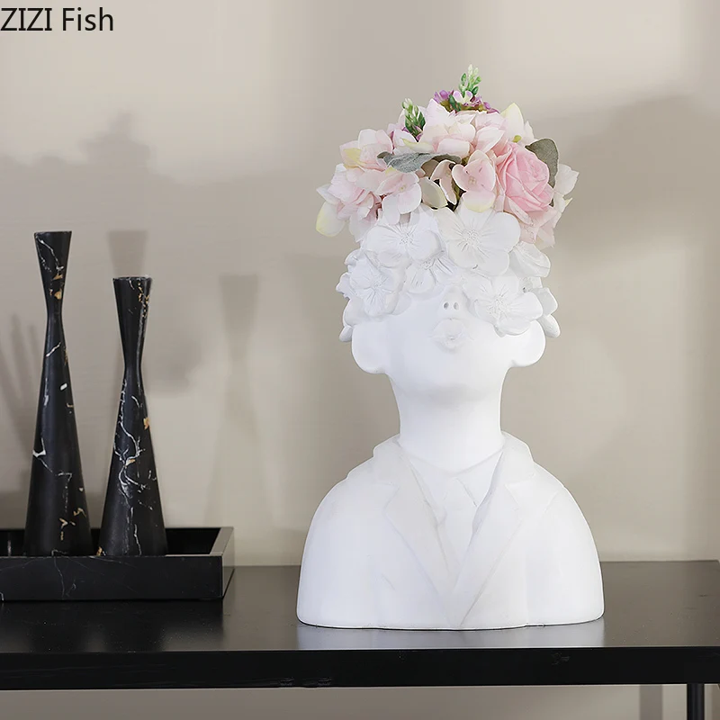 Resin Human Head Statue Accessories Flower Vase Countertop Vase Nordic Style Home Decoration Crafts
