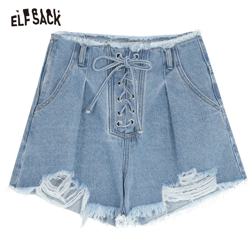 Женские шорты ELFSACK синие потертые джинсы с высокой талией на шнурках лето 2019 |