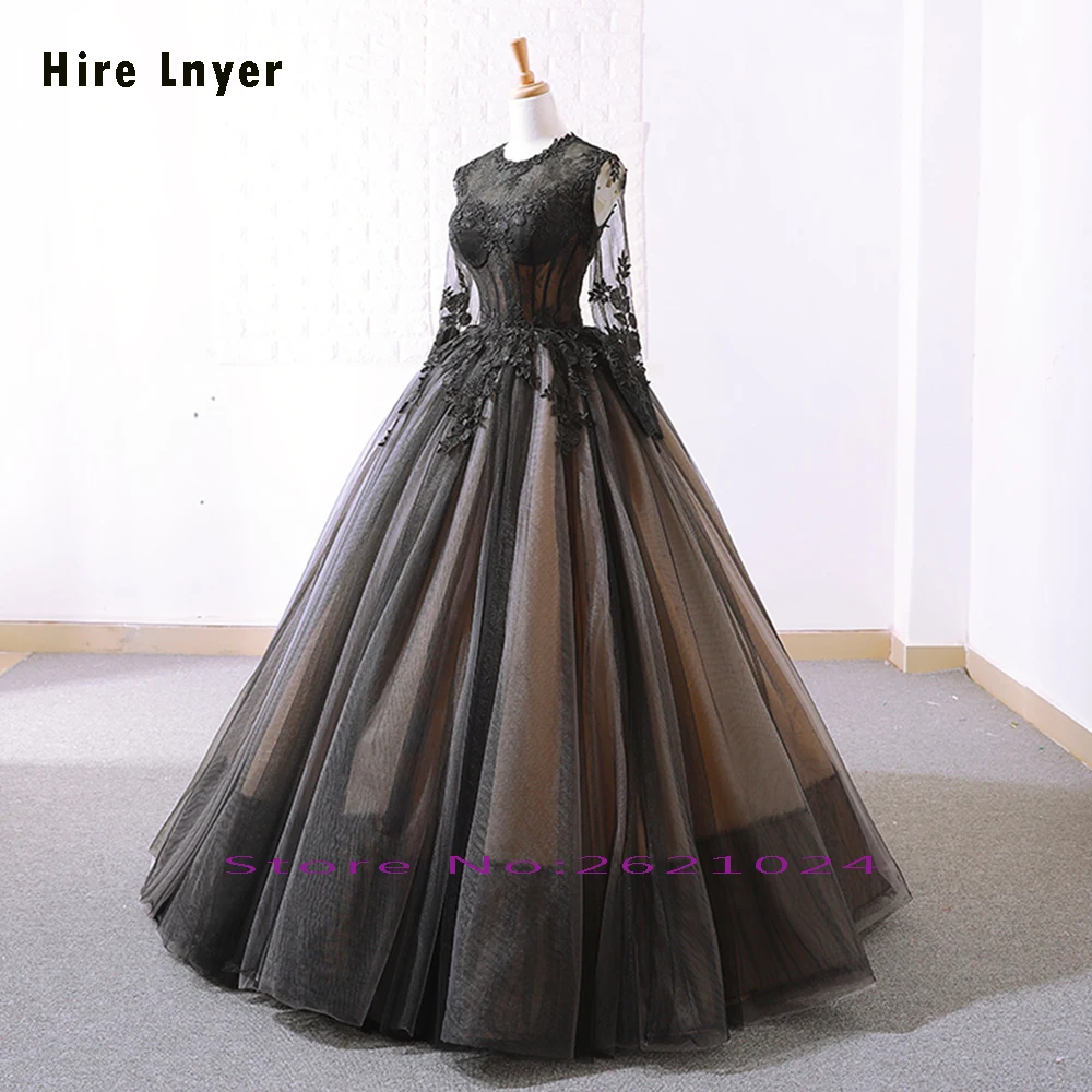 HIRE LNYER China New Arrive Long Sleeve O-neck Zipper Up Appliques Lace Illusion Black Ball Gown Wedding Dress Plus Size Mariage | Свадьбы и