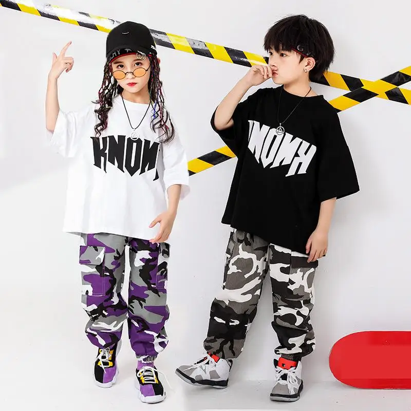 

Fashion Show Girls Boys Jazz Ballroom Dance Clothing for Kids T Shirt Tops Jogger Camouflage Pants Hip Hop Dancing Costumes Wear