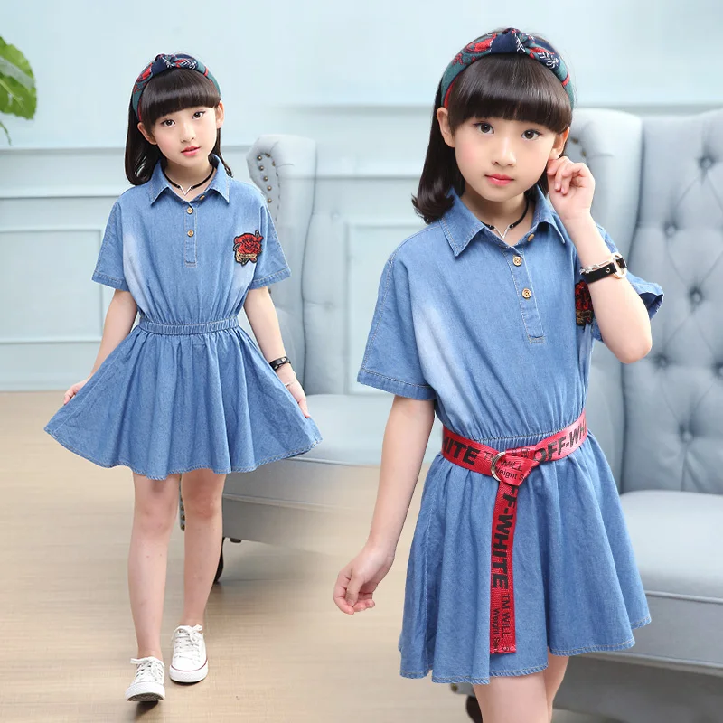 Kids Dresses For Girls Summer Toddler Girl Casual Dress Newest Denim for 6 8 10 12 13 14 years | Детская одежда и обувь
