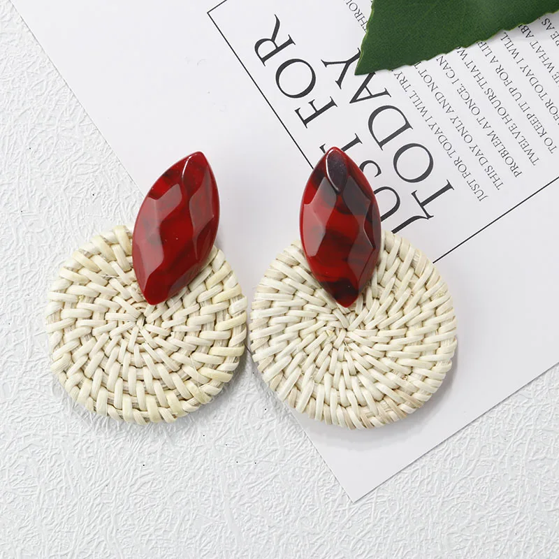 Red Resin AENSOA, несколько, Корея, ручная работа, Бамбуковая коса, подвески, висячие серьги, новая мода, ротанг, лоза, вязанные длинные серьги для женщин, девушек - Окраска металла: Red Resin