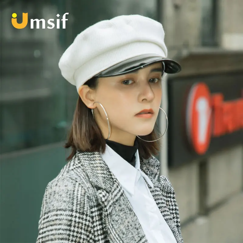 Women's Solid Color Classic French Style Wool Knitted Beret Beanies Hat Women Leather Newsboy Hats Vintage Wide Brim Berets Caps |