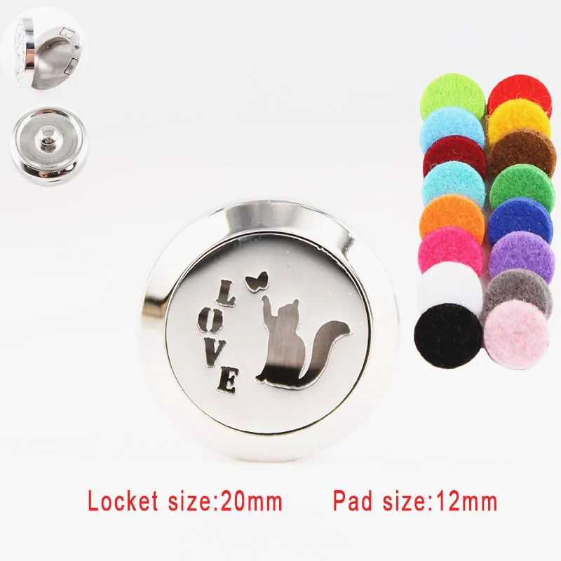 

Cat Perfume Locket (20mm) Stainless Steel Aromatherapy Locket Essential Oil Diffuser Snap Button Fit 18mm DIY Snap Jewelry