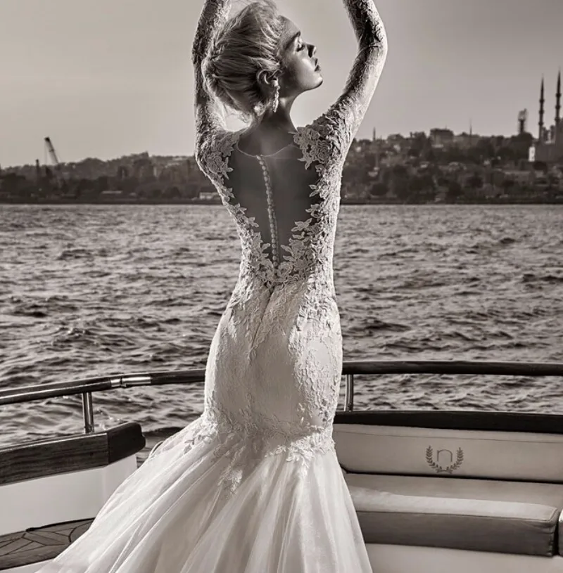 Простой 2017 Свадебное Платье Русалка Тюль Аппликации Scoop Шеи Полный Рукавом