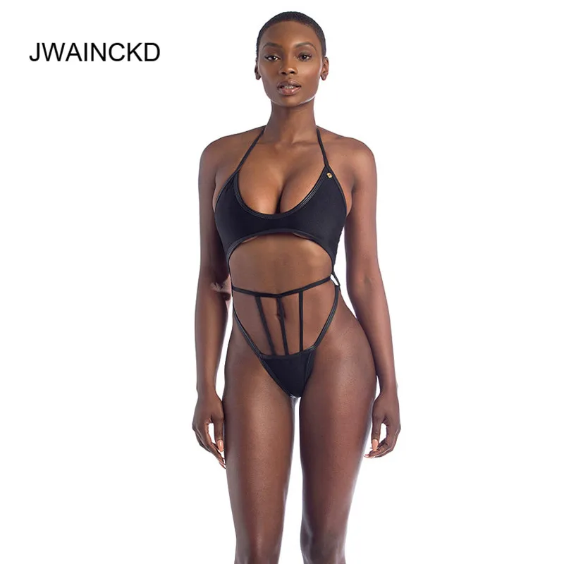 

JWAINCKD 2019 Sexy Solid Top Thong Bikini Halter Swimsuit Women Brazilian Bathing Suit Bandage Beach Maillot De Bain Monokini