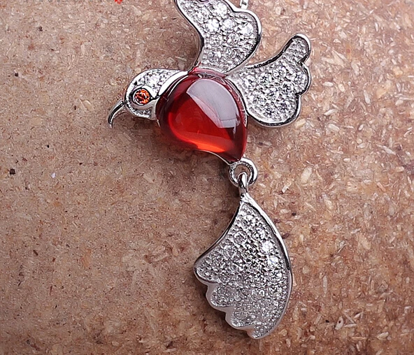 Новый 925 серебро Гранат повезло птица ожерелье с коробкой цепи украшения