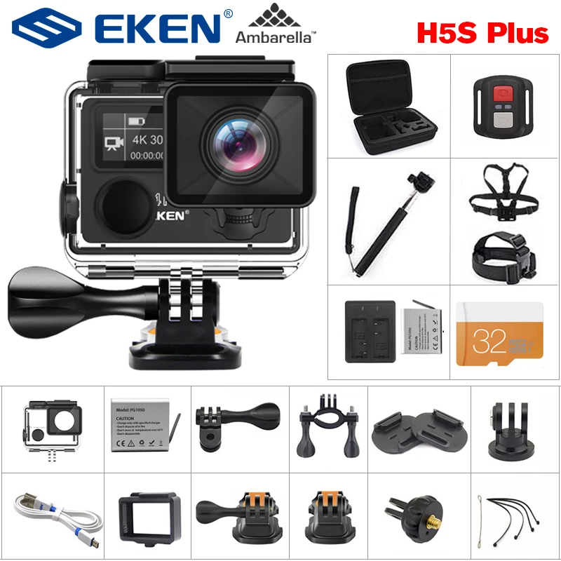 Экшн-камера eken H5S Plus HD 4K 30FPS с чипом Ambarella A12 внутри 30 м, водонепроницаемая, 2,0 дюйма, сенсорный экран EIS go, Спортивная камера pro