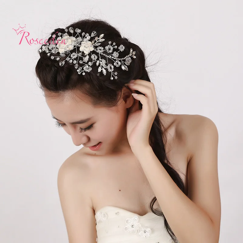 Bridal Handmade Elegant Rhinestone Pure White Rose Flowers Hairpiece Wedding Hair Pins Paillettev Design Comb RE275 | Украшения и