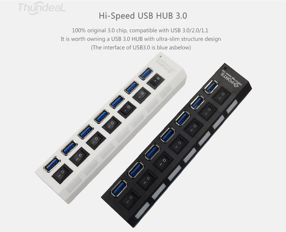 ThundeaL USB 3,0 концентратор Мульти 7 портов высокоскоростной концентратор 5 Гбит/с USB разветвитель с переключателем вкл/выкл периферийные устройства для ПК портативный компьютер