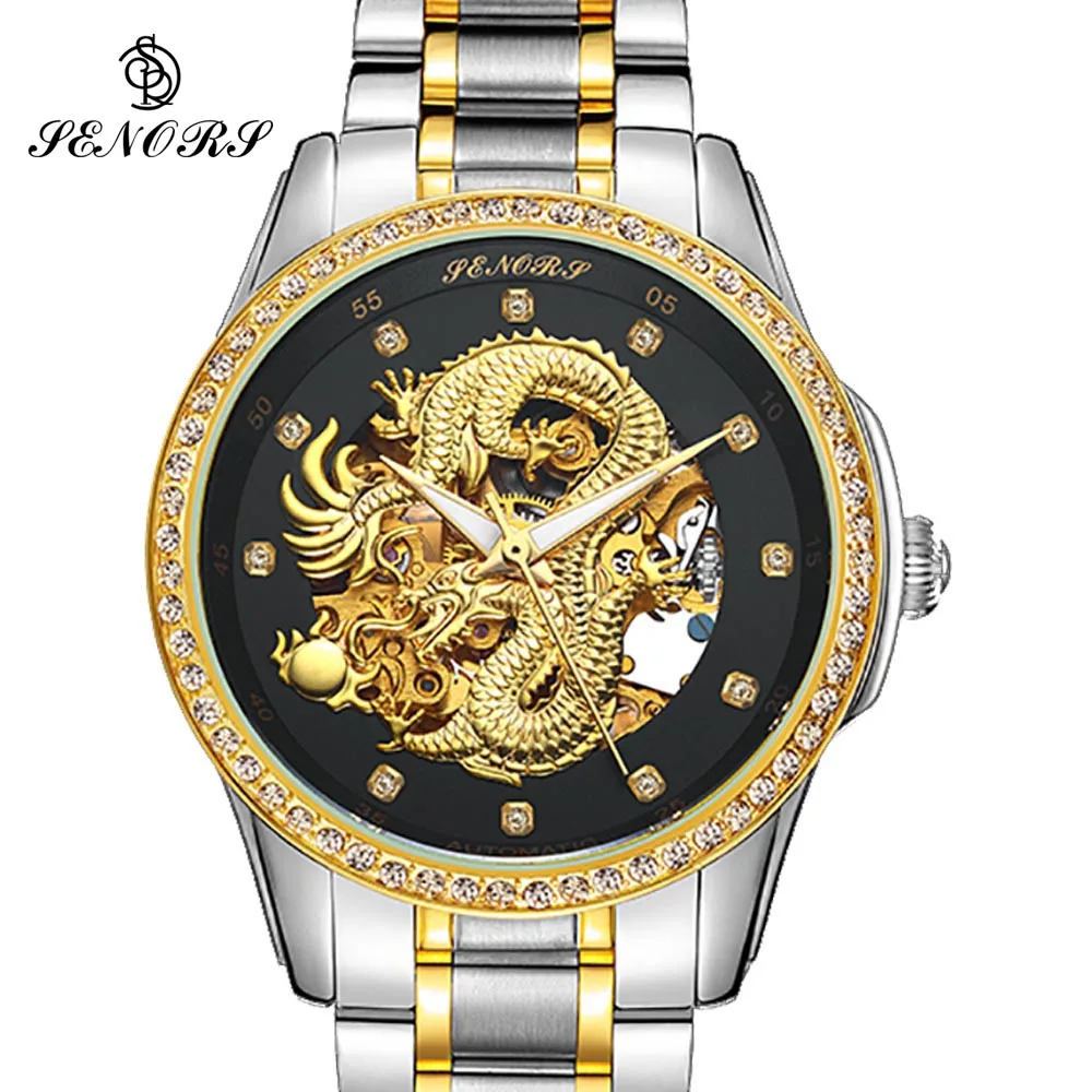 Купи Dragon Skeleton Automatic Mechanical Watches For Men Wrist Watch Stainless Steel Strap Gold Clock 30m Waterproof Mens Hodinky за 2,512 рублей в магазине AliExpress