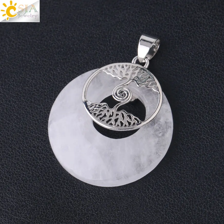 White Crystal CSJA круглый натуральный камень кулон для ожерелья Два Древа Жизни Кристалл ювелирные изделия фиолетовый кварц Лазурит подарки подруге F839 - Окраска металла: White Crystal