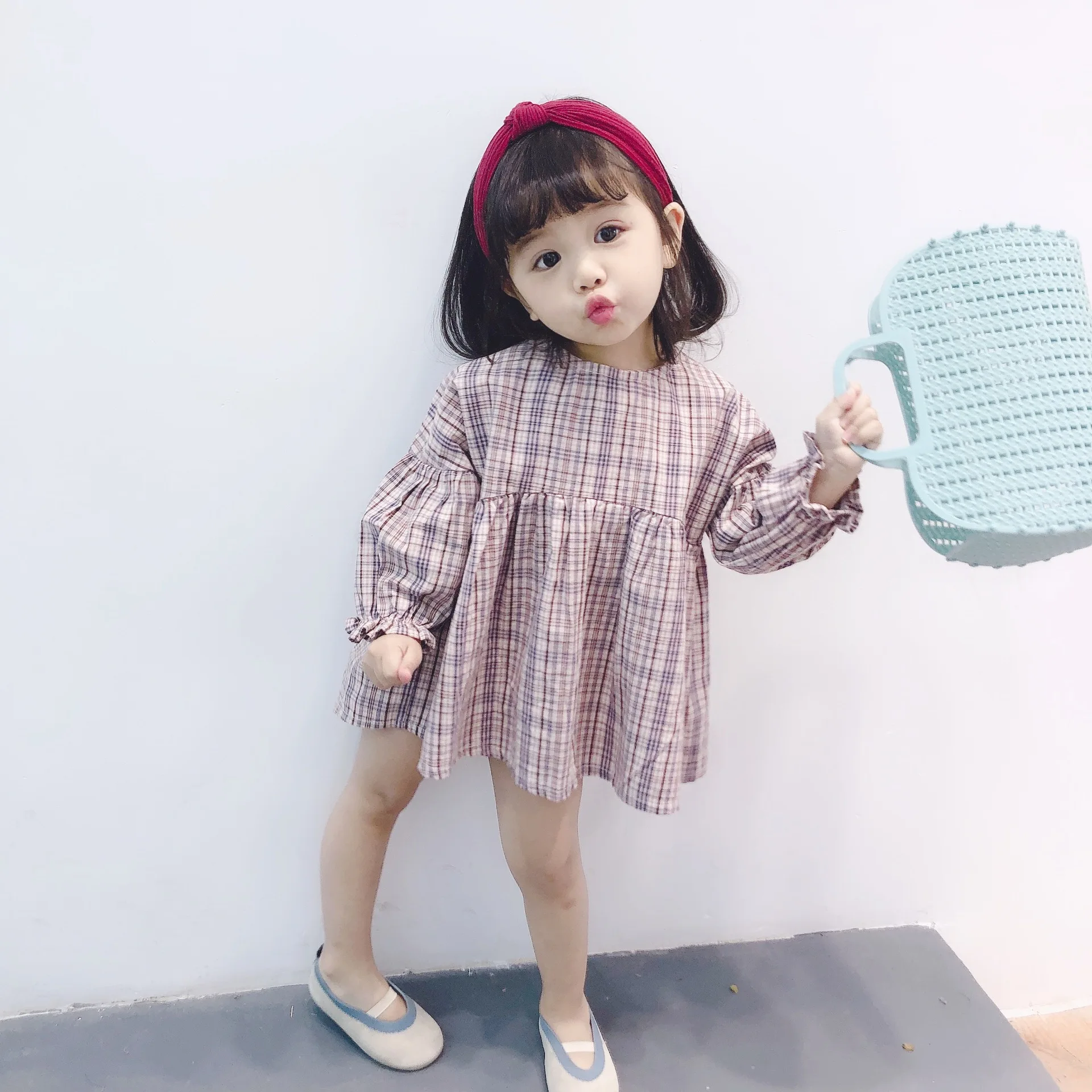 2019 Spring cute girls pink plaid puff sleeve loose A-line fashion princess dresses kids cotton all-match casual dress | Детская одежда