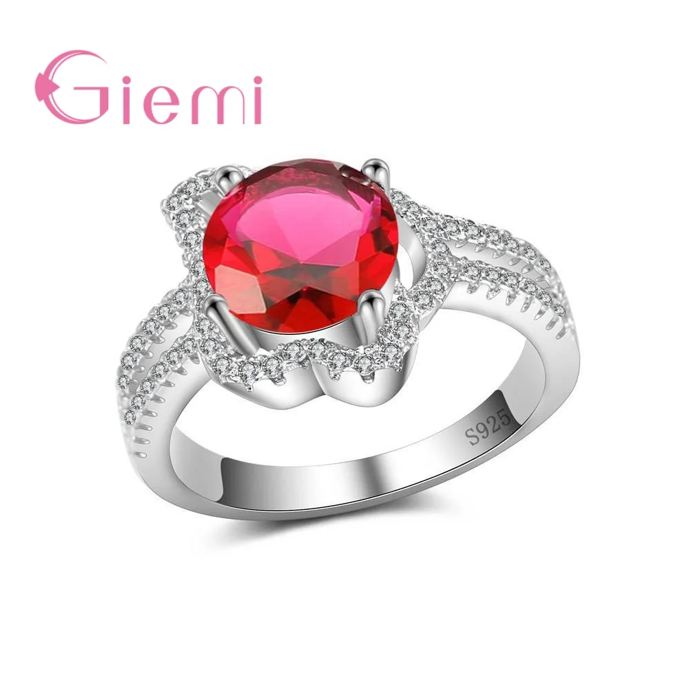 

Wholesale 4 Colour Big Round AAA Crystal 925 Sterling Silver Geometric Ring For Women Female Party Engagement Jewelry