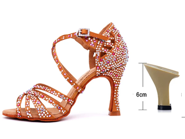 bronze heel 6cm WUXIJIAO/женские вечерние туфли для сальсы и бальных танцев; туфли для латинских танцев; большие и маленькие стразы; блестящая бронзовая кожа; черный атлас; Каблук 9 см - Цвет: bronze heel 6cm