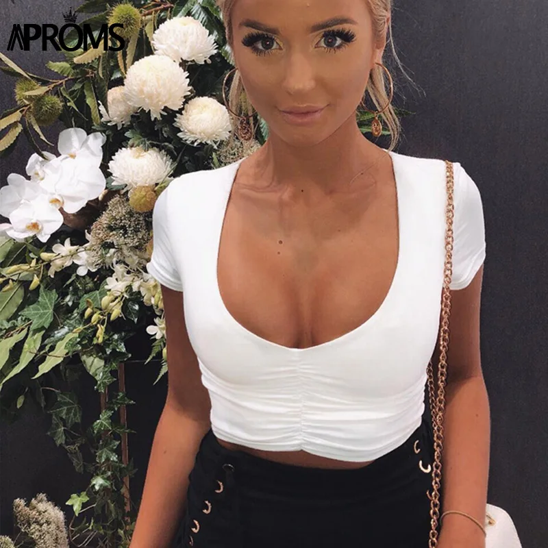 Aproms сексуальный короткий топ с рюшами и v-образным вырезом Женская белая Базовая футболка классная хлопковая стрейчевая тонкая укороченная футболка для девочек Женский Топ