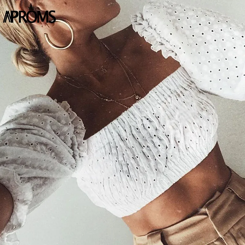 Aproms белый укороченный топ с открытыми плечами и оборками для женщин с пышными рукавами винтажные хлопковые топы с вышивкой пляжные летние женские футболки