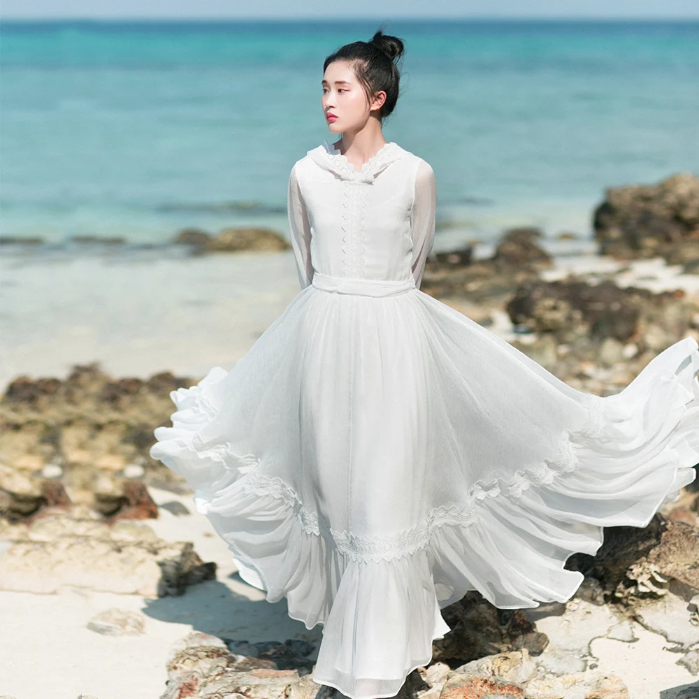 IRINAW606 original design summer 2018 women vintage 10M large bottom lace appliqued long maxi hooded chiffon dress white | Женская