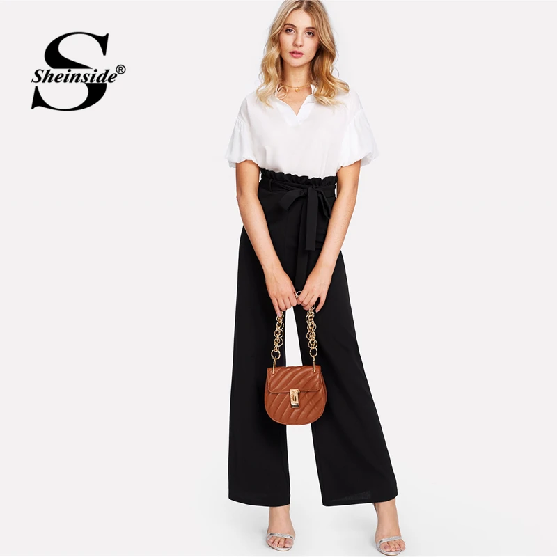 Sheinside, с поясом, с рюшами, на талии, широкие брюки, женские, черные, с высокой талией, на молнии, брюки, лето, рабочая одежда, элегантные штаны