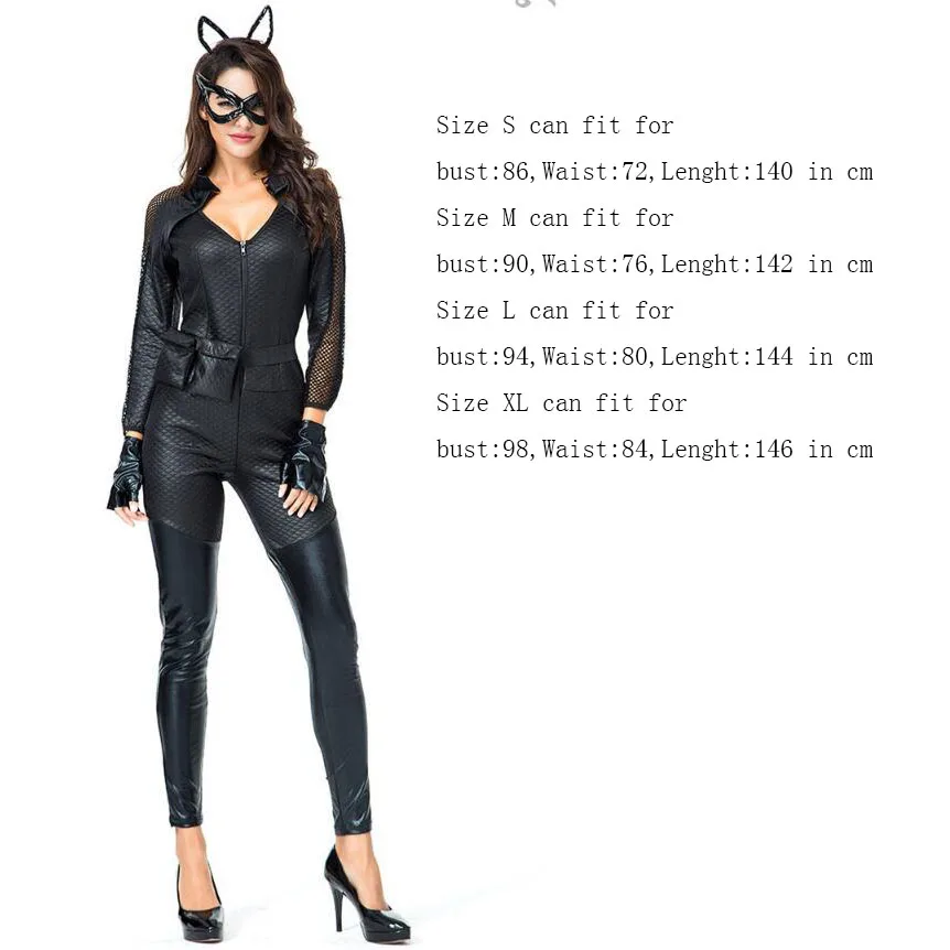 

Black Shiny Super Hero Catwoman Costume Women PU Patent Leather Jumpsuit Halloween Sexy Cat Girl Kigurumi Cosplay Funny Dress