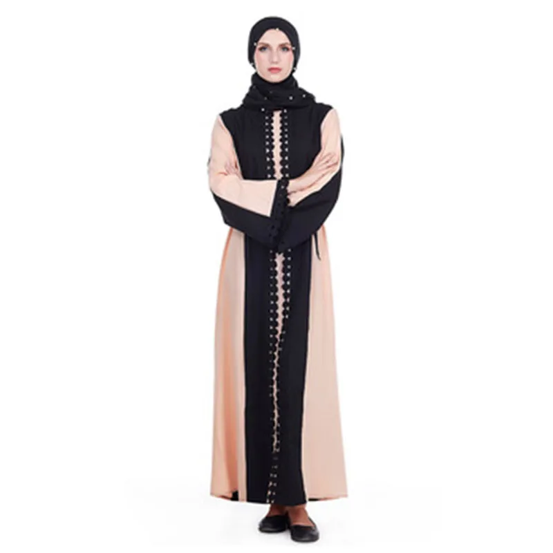 Dubai Style Lace Trim Black Abaya Fake Two Pieces Jilbab Muslim Islamic Maxi Dress Front Closed Black islamic clothing LR40