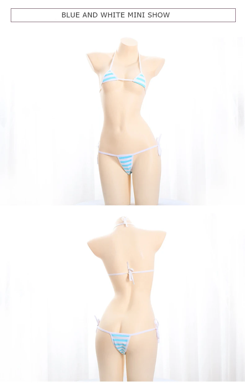 Anime Miku Kawaii Mini Bikini Cosplay Blue White Striped Micro Bikini Swimming Suit for Women Tie Side Swimsuit Set