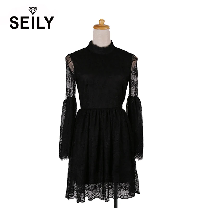 Sweet лето черного кружева мини тонкий рябить dress sexy спинки длинные flare рукавом