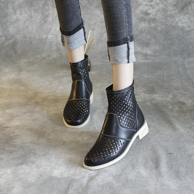 Женские кожаные ботинки сандалии Летняя обувь с перфорацией ботильоны на низком