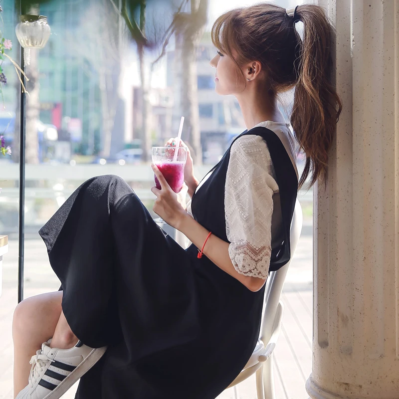 Women Sets lace t shirt and sling long skirt twinset 2018 summer sweet Korean fashion women strap dress two-piece drop shipping | Женская