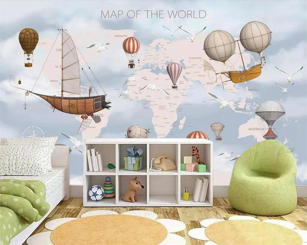 3D обои beibehang для детской комнаты воздушный шар космический корабль Карта мира фон