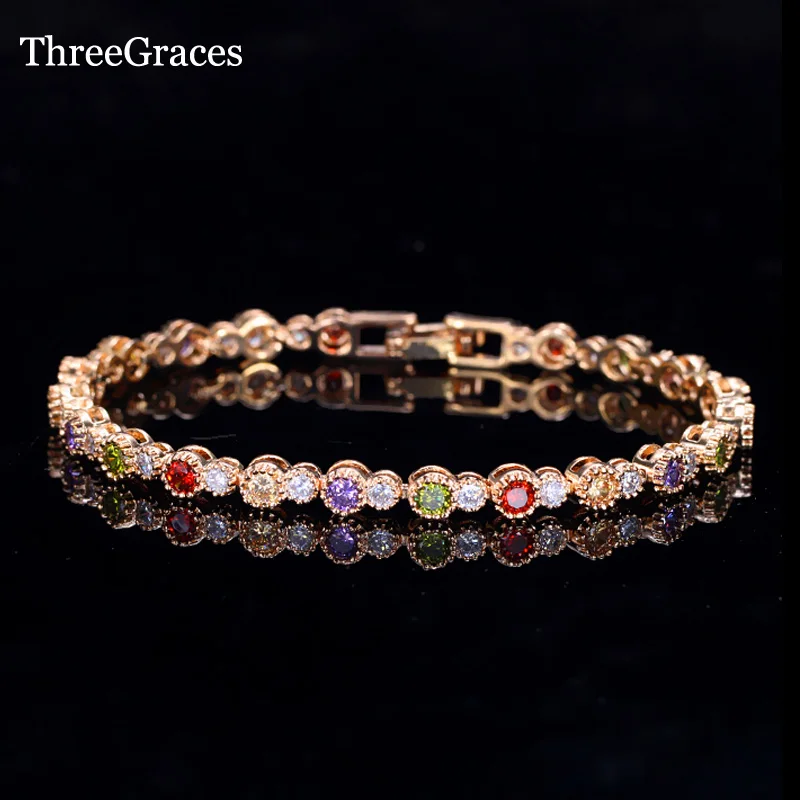 ThreeGraces New Design CZ Bracelet Gold Color Multicolored Green Purple Red Women Vintage Cubic Zirconia Bracelets Bangles BR093 | Украшения