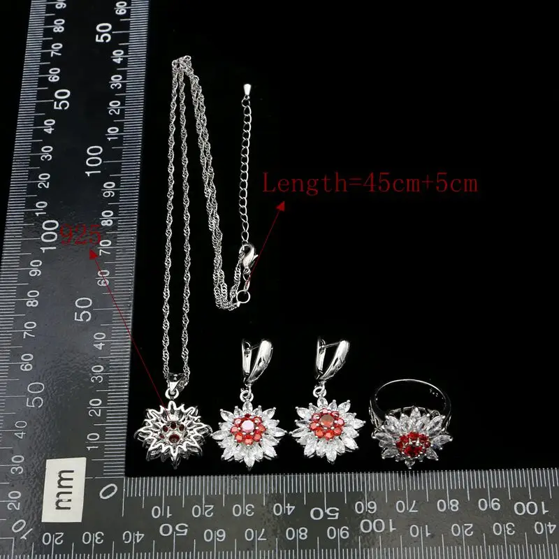 925 Sterling Silver Bridal Jewelry Sets For Women Red Cubic Zirconia White Crystal Drop Earrings/Pendant/Necklace/Ring | Украшения и