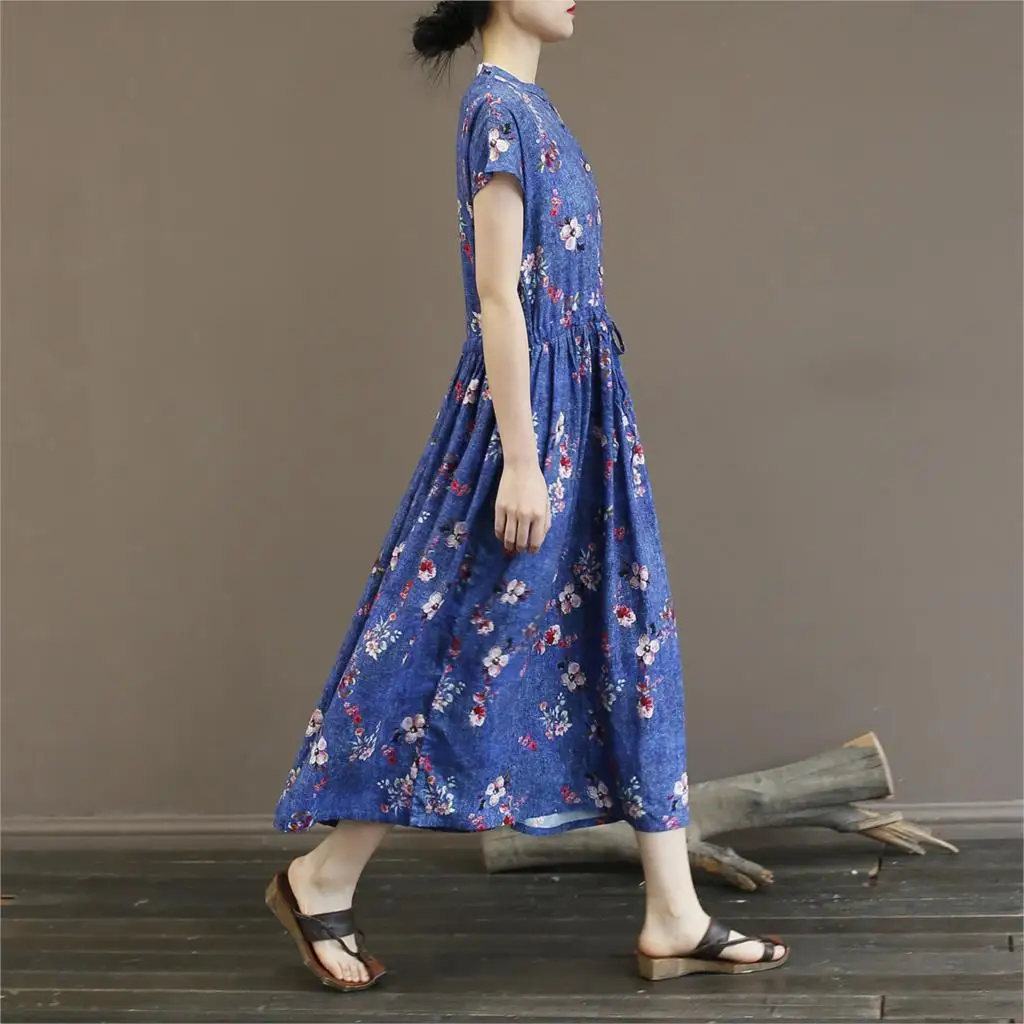 Женское льняное платье с принтом хлопковое v образным вырезом и коротким рукавом