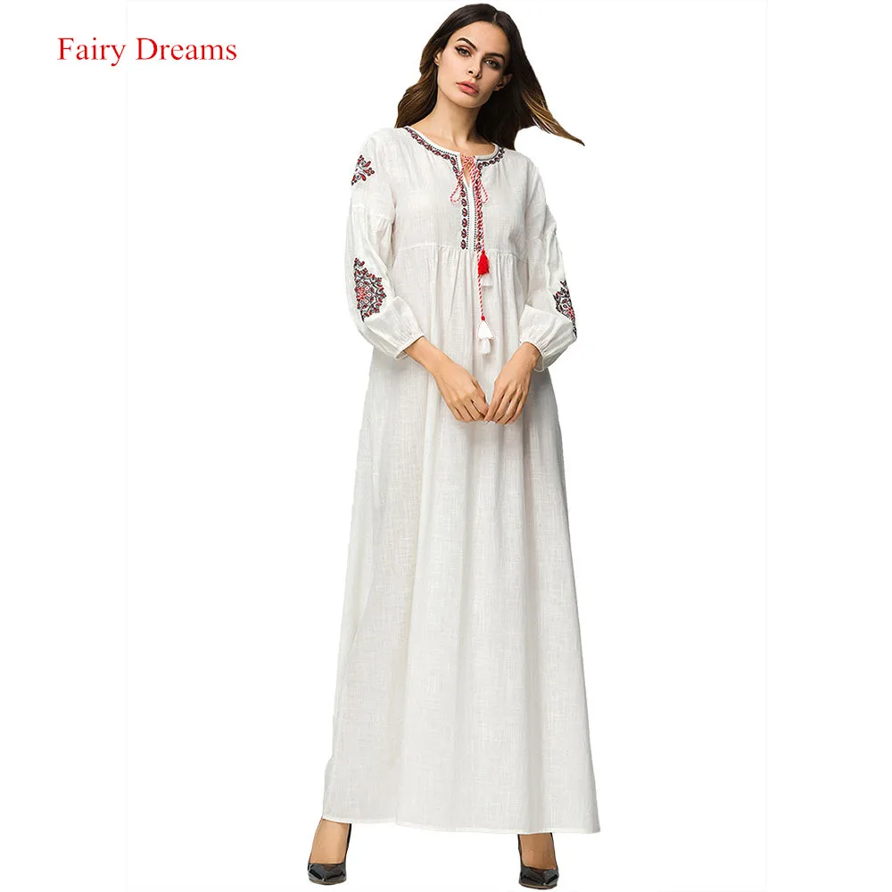 2019 женское мусульманское платье abaya Дубай белое с длинным рукавом вышивка хлопок