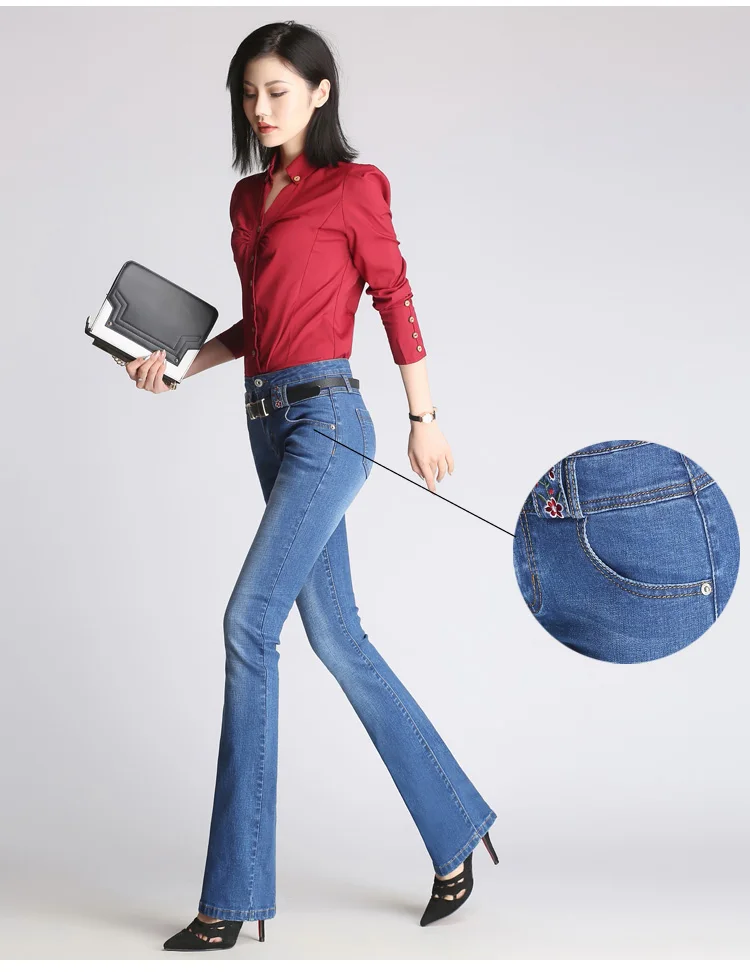 New Women Flared Jeans High Waist Elegant Retro Style Bell Bottom Skinny Denim Pants Female Sexy Casual Wide Leg Jeans