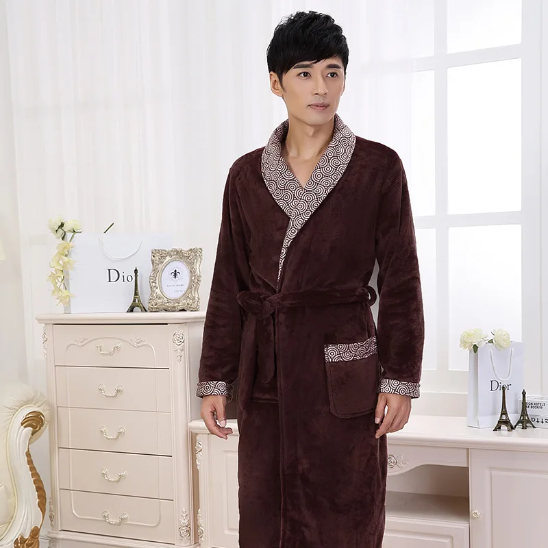 Autumn and Winter Flannel Robe Male Coral Fleece Bathrobe Lengthen Men's Sleepwear | Мужская одежда